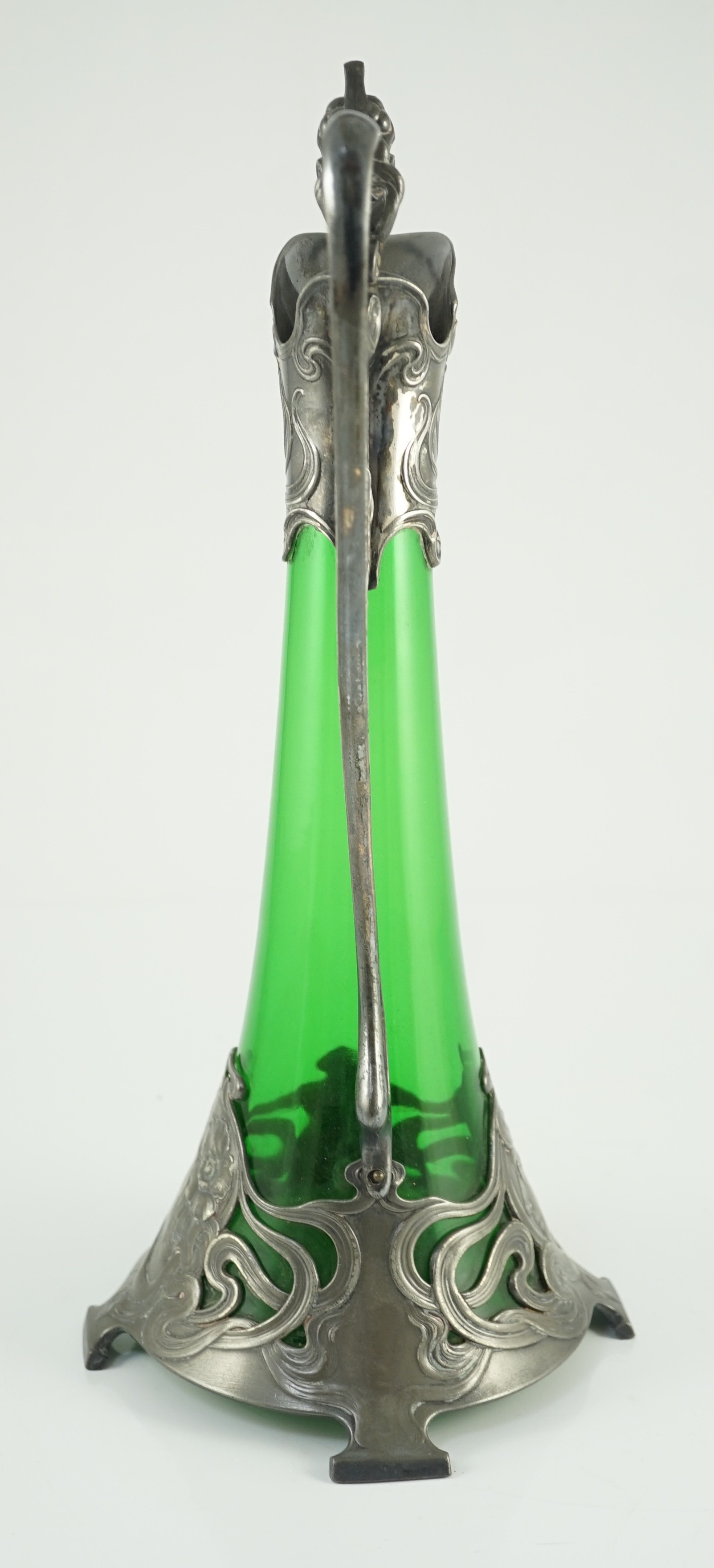 An Art Nouveau WMF metal mounted green glass ewer, c.1905, 40.5cm high